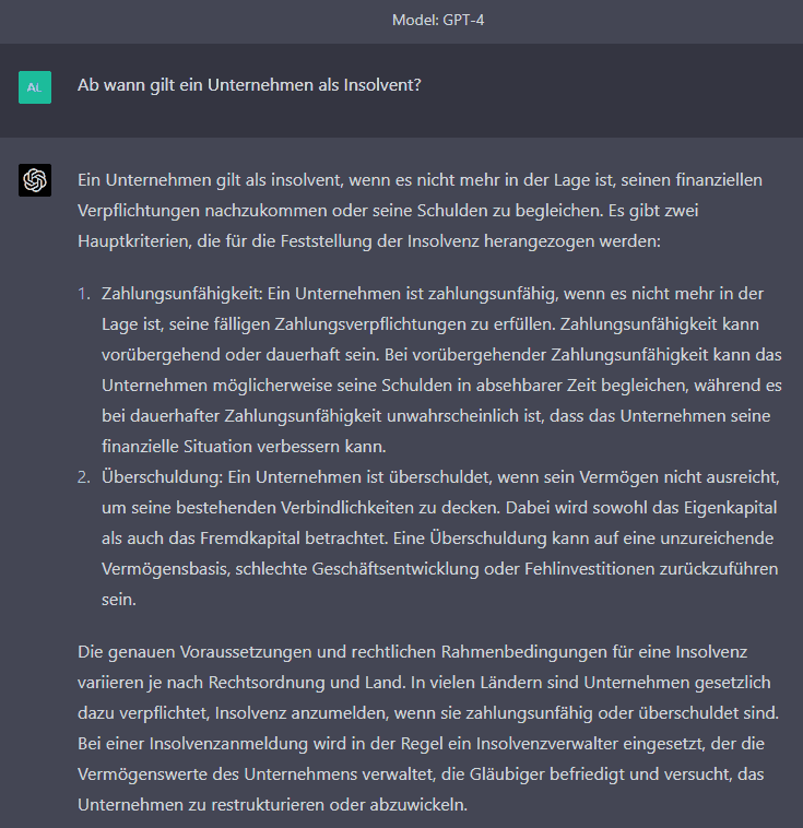 KI antwortet auf: Ab wann gilt ein Unternehmen als Insolvent?