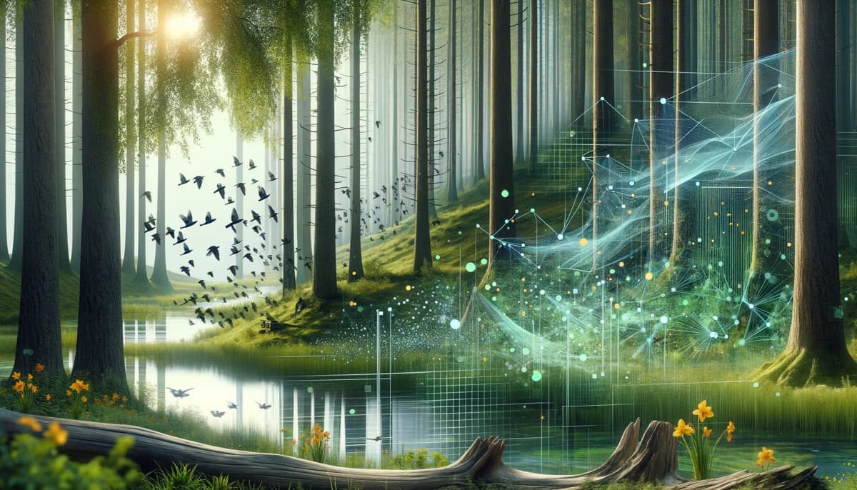 Ein Bild eines Waldes mit Bäumen, Vögeln und künstlicher Intelligenz mit naturinspirierten Algorithmen.