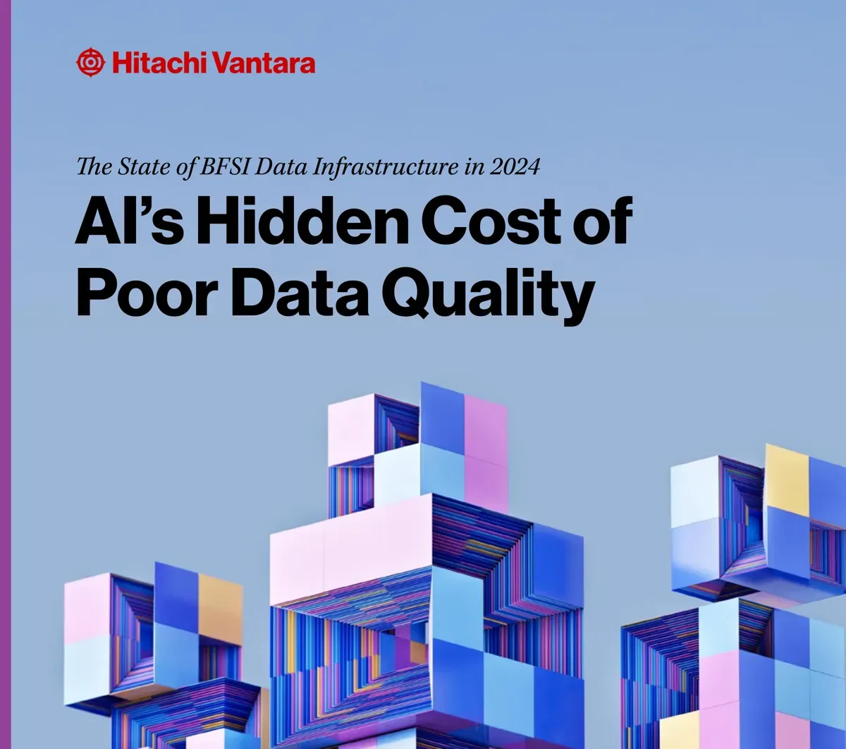 Titelbild mit dem Hitachi Vantara-Logo, dem Titel „Die versteckten Kosten schlechter Datenqualität durch KI“ und bunten gesta
