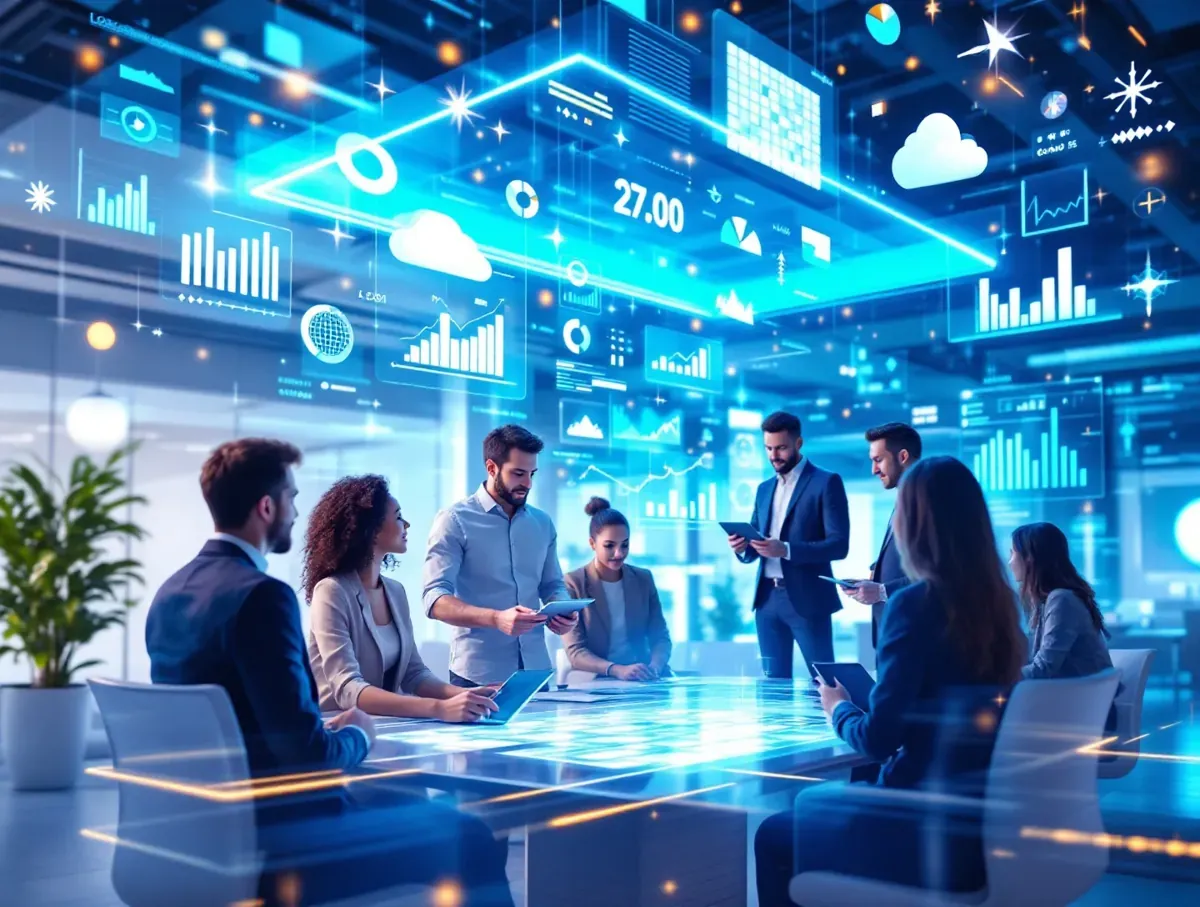 Business Intelligence Plattform - In einem modernen Büro beschäftigt sich eine Gruppe mit holografischen Displays der BI-Plat