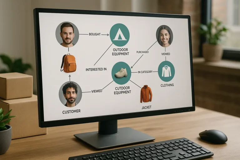 Auf einem Computerbildschirm wird ein Flussdiagramm angezeigt, das die Beziehungen zwischen Kunden, Outdoor-Ausrüstung und Kleidungsstücken im E-Commerce-Umfeld darstellt. Das Diagramm verwendet Graphdatenbanken, um Aktionen wie „gekauft“, „angeschaut“ darzustellen und Online-Empfehlungen zu generieren.