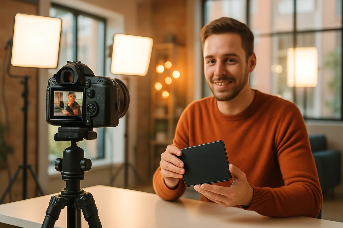Ein Mann in einem orangefarbenen Pullover sitzt an einem Tisch in einem gut beleuchteten Raum und hält eine leere schwarze Karte vor eine Kamera auf einem Stativ - perfekt für Produktvideos oder Erklärfilme. Im Hintergrund ist eine professionelle Lichtanlage zu sehen.