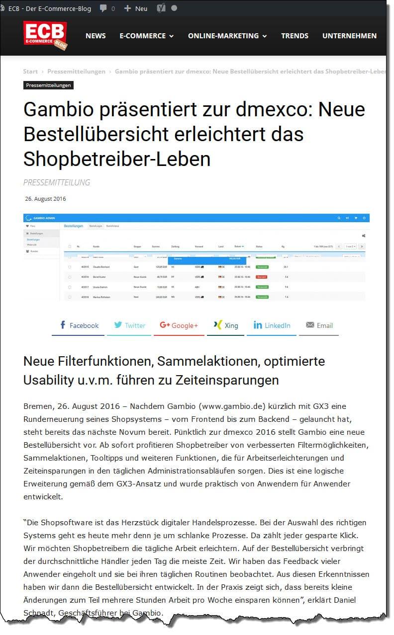 Pressemitteilung: Gambio präsentiert zur dmexco: Neue Bestellübersicht erleichtert das Shopbetreiber-Leben