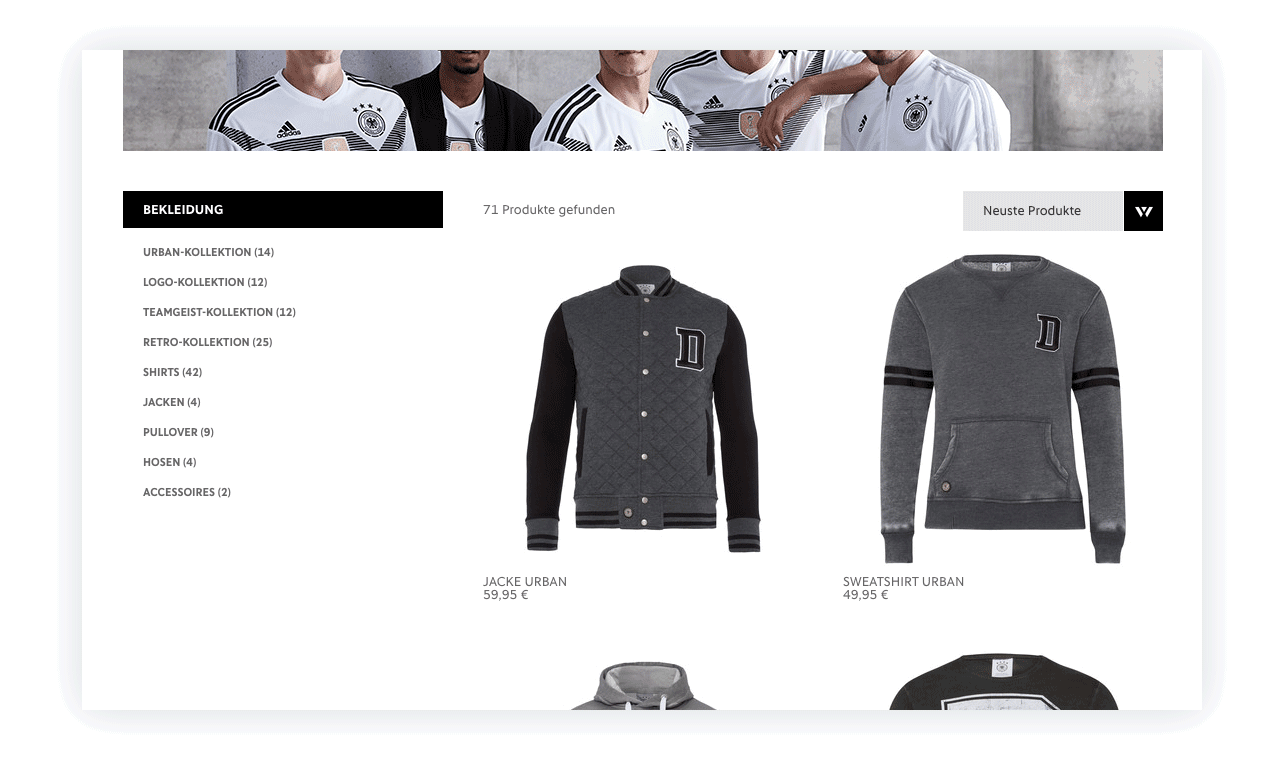 Gegenüberstellung von 3- und 5-spaltigem Raster Artikelübersicht des DFB-Merchandise-Shops mit Gegenüberstellung von 3- und 5-spaltigem Raster