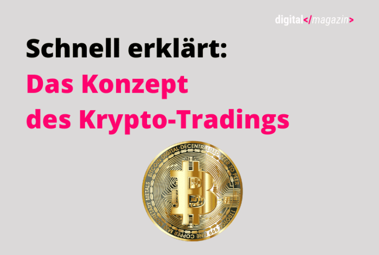 Das Bild trägt die Überschrift "Schnell erklärt: Das Konzept des Krypto-Tradings" samt goldfarbenem Bitcoin-Symbol. Das Thema Krypto-Trading wird kurz erläutert, das "digital magazin"-Logo erscheint oben rechts auf hellgrauem Hintergrund.