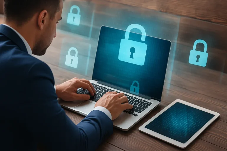 camaro-pr - Ein Mann im Anzug arbeitet an einem Laptop mit eingeblendeten Schlosssymbolen, die für Cybersicherheit stehen. Neben ihm steht ein Tablet auf einem Holztisch, das verschlüsselte Datenablage und sichere Technologie mit Microsoft 365 illustriert.