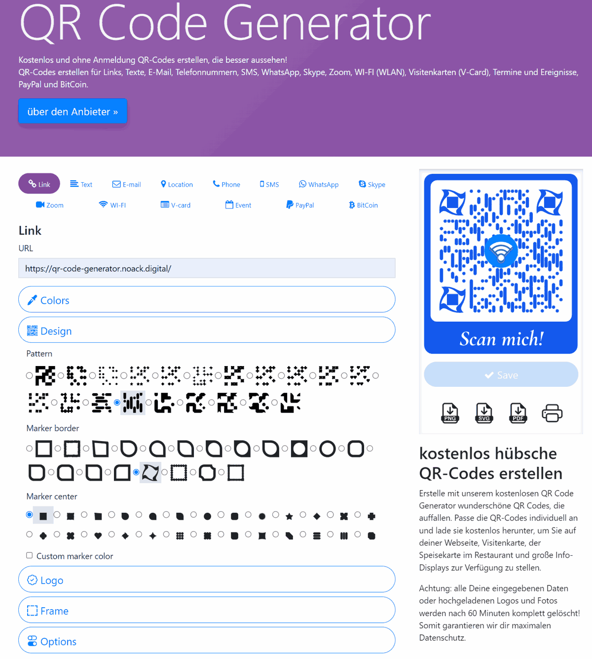Interface des kostenlosen QR Code Generators ohne Anmeldung