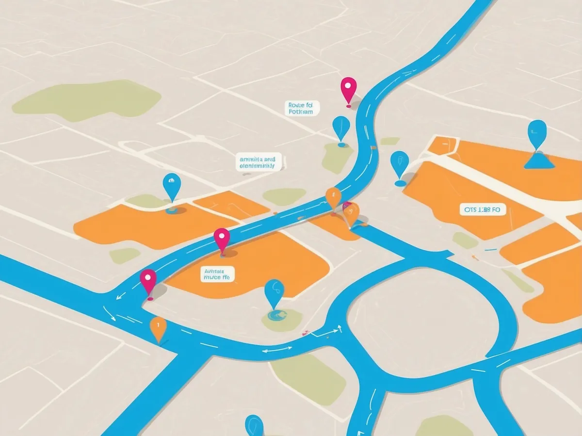 Illustrierte Karte mit Straßen, Autobahnen und Kreisverkehren, perfekt für die Tourenplanung. Verschiedene mit farbigen Stecknadeln markierte Orte weisen auf Annehmlichkeiten und interessante Orte hin.
