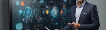 Ein Mann im Anzug steht vor einem großen interaktiven Touchscreen und demonstriert die Transformation und die digitalen Grafiken, die für KMUs so wichtig sind. Mit Tablet und Stift in der Hand scheint er hochkonzentriert die Digitalisierung voranzutreiben.