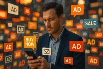 Ein Mann im Anzug schaut auf sein Smartphone, umgeben von schwebenden digitalen Symbolen und Pop-ups wie "AD", "BUY NOW" und "SALE", die Online-Anzeigen einer automatisierten Marketing-Plattform symbolisieren.