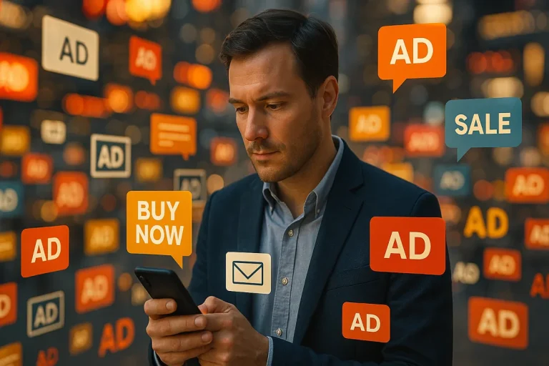 Ein Mann im Anzug schaut auf sein Smartphone, umgeben von schwebenden digitalen Symbolen und Pop-ups wie "AD", "BUY NOW" und "SALE", die Online-Anzeigen einer automatisierten Marketing-Plattform symbolisieren.