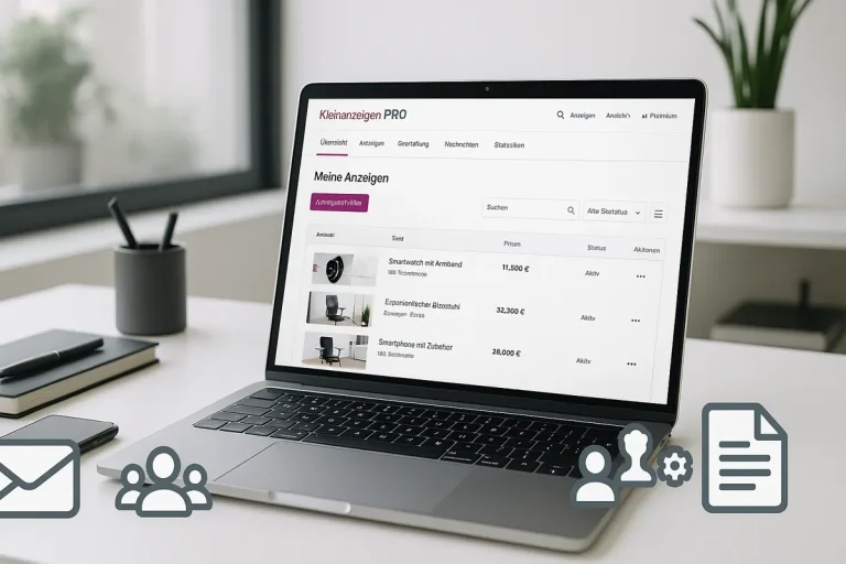 Ein Laptop auf einem Schreibtisch zeigt eine Kleinanzeigen PRO-Verwaltungsseite mit einer Liste von Artikeln, deren Preisen und Status. Im Vordergrund symbolisieren drei transparente Icons E-Mail, Benutzer und Dokumente.