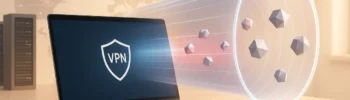 Ein Laptop auf einem Schreibtisch zeigt ein VPN-Symbol mit einem digitalen Tunnel und geometrischen Formen, die aus dem Bildschirm herausragen und eine sichere Datenübertragung darstellen. Die Szene deutet das Konzept an: VPN: Was ist ein Virtual Private Network? Im Hintergrund sind ein Server und eine Weltkarte zu sehen.