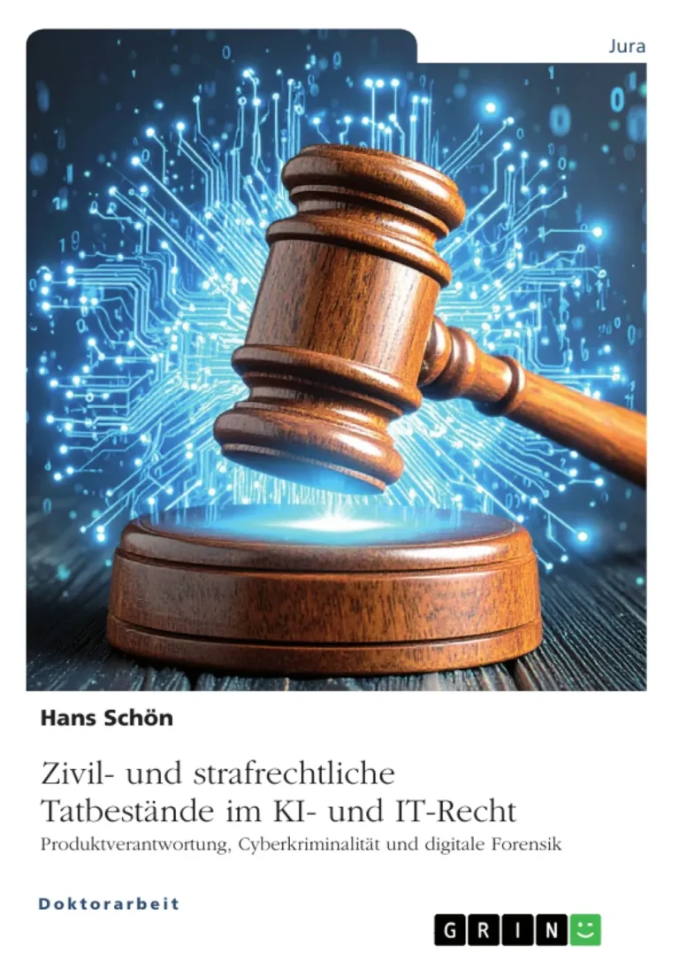 Ein hölzerner Richterhammer ruht auf einem Block vor einem digitalen Hintergrund mit blauen Schaltkreisen und leuchtenden Knotenpunkten, die KI, Cyberkriminalität, Technologie und Recht symbolisieren. Der Text auf dem Buchdeckel ist in deutscher Sprache.