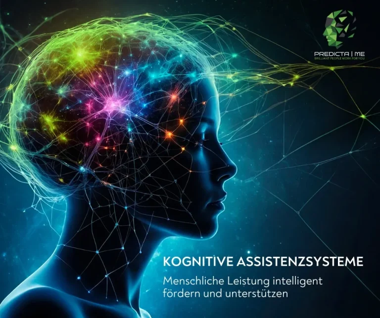 Eine digitale Illustration eines menschlichen Kopfes im Profil mit bunten neuronalen Netzen und Lichtverbindungen, die maßgeschneiderte KI symbolisieren. Der deutsche Text lautet "Kognitive Assistenzsysteme" und "Menschliche Leistung intelligent fördern und unterstützen".