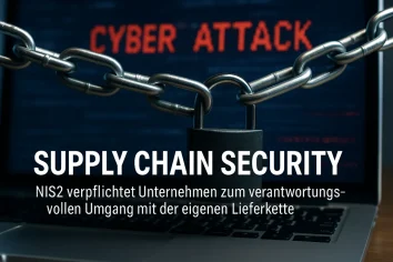 NIS2 - Auf einem Laptop-Bildschirm steht in roter Schrift "CYBER ATTACK", davor eine dicke Kette und ein Vorhängeschloss. Unten steht ein Text in deutscher Sprache über die Sicherheit der Lieferkette und die Einhaltung der NIS2.