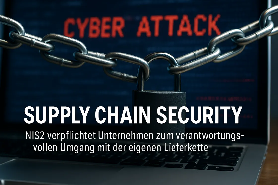 NIS2 - Auf einem Laptop-Bildschirm steht in roter Schrift "CYBER ATTACK", davor eine dicke Kette und ein Vorhängeschloss. Unten steht ein Text in deutscher Sprache über die Sicherheit der Lieferkette und die Einhaltung der NIS2.