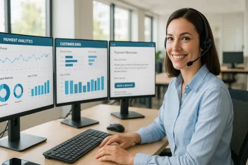 Smart Dunning - Eine Frau mit einem Headset sitzt an einem Schreibtisch in einem Büro und lächelt in die Kamera. Sie verwendet einen Computer mit drei Monitoren, auf denen Grafiken und Diagramme angezeigt werden, darunter auch Zahlungsanalysen und ein automatisch gespeicherter Entwurf.