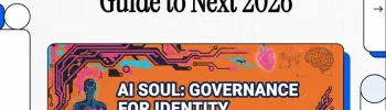 Eine digitale Grafik mit der Überschrift "Guide to Next 2026". Darunter befindet sich eine orangefarbene Tafel mit dem Titel "AI Soul: Governance for Identity Embedding Ethics & Brand DNA" (KI-Seele: Governance für Identität, die Ethik und Marken-DNA einbettet), die eine menschliche Figur in Form eines Schaltkreises, digitale Muster und eine Anspielung auf das Gesicht des KI-Paradox-Unternehmens zeigt.