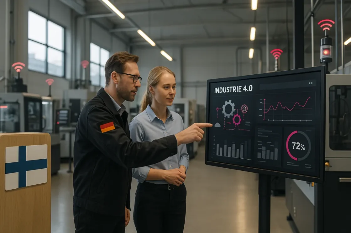 Zwei Personen stehen in einer modernen Industrieumgebung in Finnland und schauen auf einen Bildschirm mit Grafiken und Daten, die mit "Industrie 4.0" und "Internet der Dinge" beschriftet sind. Im Hintergrund sind Maschinen und drahtlose Symbole zu sehen.