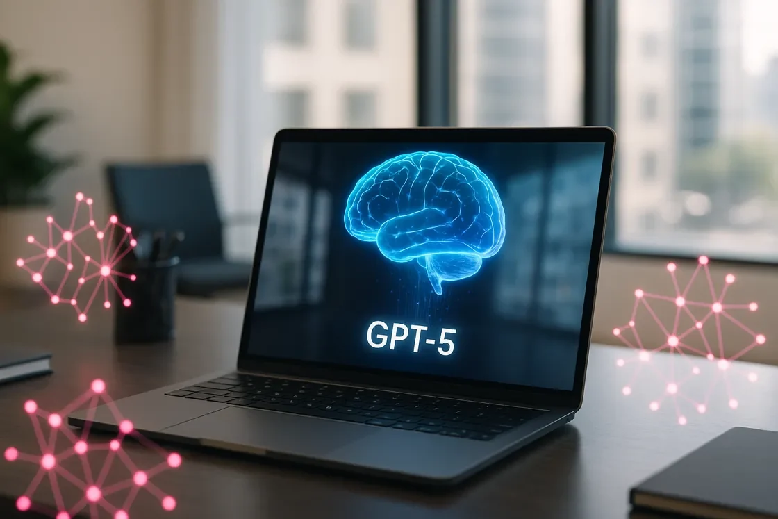 Ein Laptop auf einem Konferenztisch zeigt eine digitale Gehirngrafik mit der Aufschrift "GPT-5" von OpenAI. Im Hintergrund sind große Fenster und Büromöbel zu sehen, über die rosa Netzwerkgrafiken gelegt sind, die die Innovation in der KI-Community widerspiegeln.