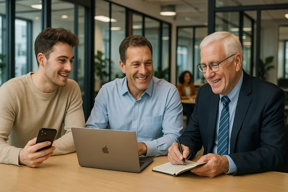 Generationskonflikt - Drei Männer aus verschiedenen Generationen sitzen an einem Tisch in einem Büro. Der eine benutzt einen Laptop, der andere schreibt in ein Notizbuch, der dritte hält ein Telefon in der Hand und reflektiert damit Jung und Alt und die Art und Weise, wie Technologie Diskussionen am Arbeitsplatz prägt. Glaswände rahmen die moderne Umgebung ein.