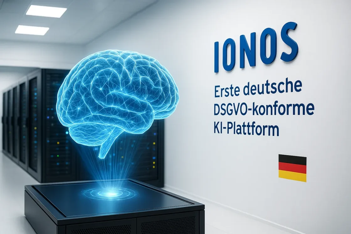 Ein digitales Gehirnhologramm schwebt über einem Server in einem Rechenzentrum. Die Wand zeigt das IONOS-Logo, die deutsche Flagge und einen deutschen Text über GDPR-konforme KI, die von der IONOS AI Model Hub-Plattform unterstützt wird.