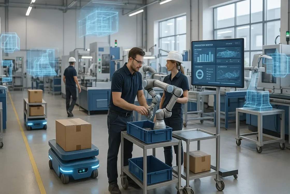 Produktionslogistik - Zwei Arbeiter interagieren mit einem Roboterarm in einer modernen Fabrik und demonstrieren so effiziente Produktionslogistik. Kisten stehen auf einem mobilen Roboterwagen, digitale Schnittstellengrafiken sind sichtbar, und Monitore zeigen Daten in einer sauberen, organisierten Umgebung an.