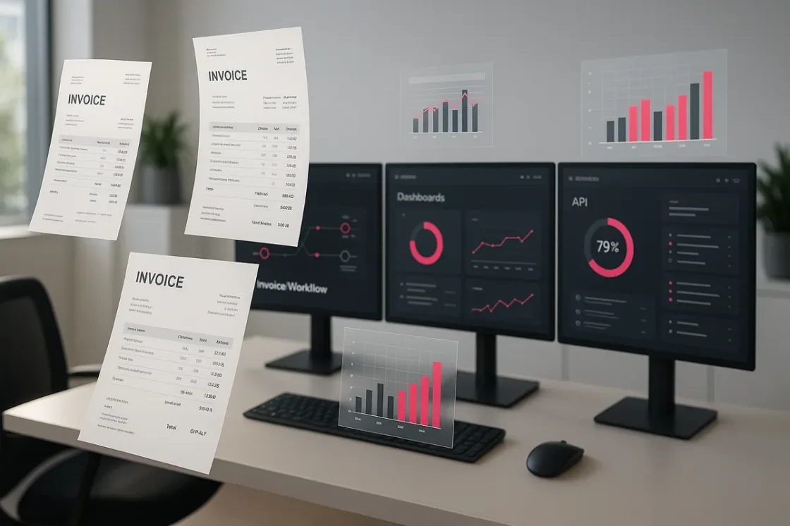 Drei Computermonitore zeigen Dashboards mit Grafiken und Analysedaten in einer Büroumgebung an, in der digitale Rechnungen und Diagramme schweben und zeigen, wie Unternehmen ihre Rechnungsstellung automatisieren können.