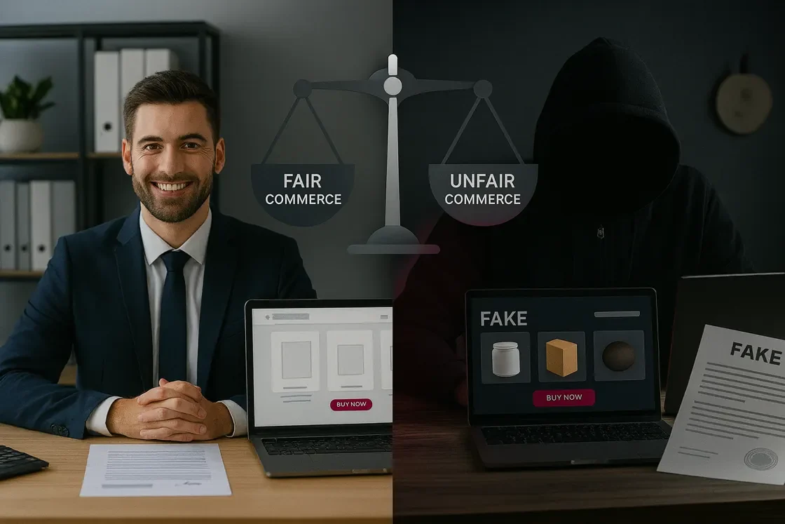 Geteiltes Bild mit einem lächelnden Mann in Geschäftskleidung auf der linken Seite mit der Aufschrift "ehrlicher Handel" und einer vermummten Figur in der Dunkelheit auf der rechten Seite mit der Aufschrift "Scheinprivate Händler", die beide Laptops benutzen, um echte und gefälschte Produkte im E-Commerce zu zeigen.
