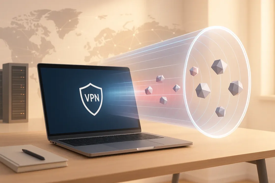 Ein Laptop auf einem Schreibtisch zeigt ein VPN-Symbol mit einem digitalen Tunnel und geometrischen Formen, die aus dem Bildschirm herausragen und eine sichere Datenübertragung darstellen. Die Szene deutet das Konzept an: VPN: Was ist ein Virtual Private Network? Im Hintergrund sind ein Server und eine Weltkarte zu sehen.