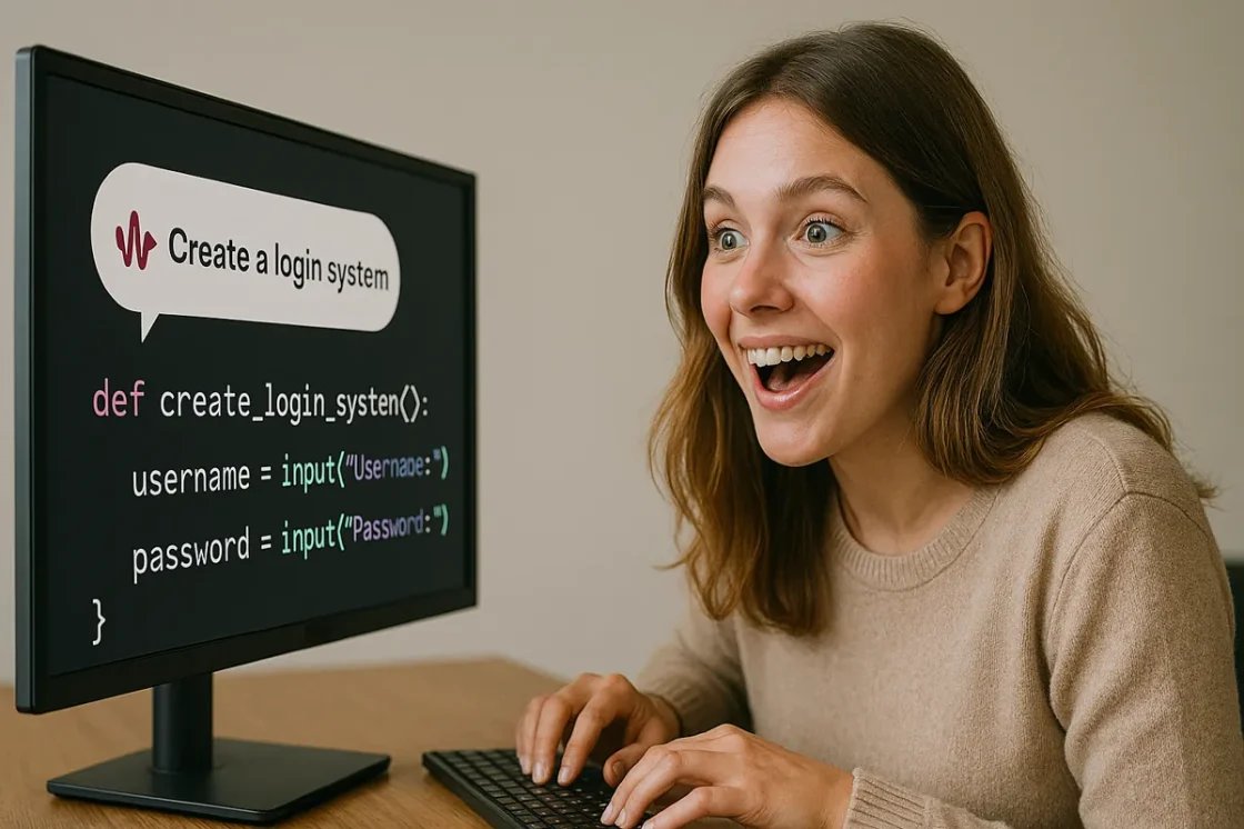 Eine Frau genießt die Vibe Coding-Atmosphäre, als eine Python-Funktion mit der Aufschrift "Create a login system" erscheint.