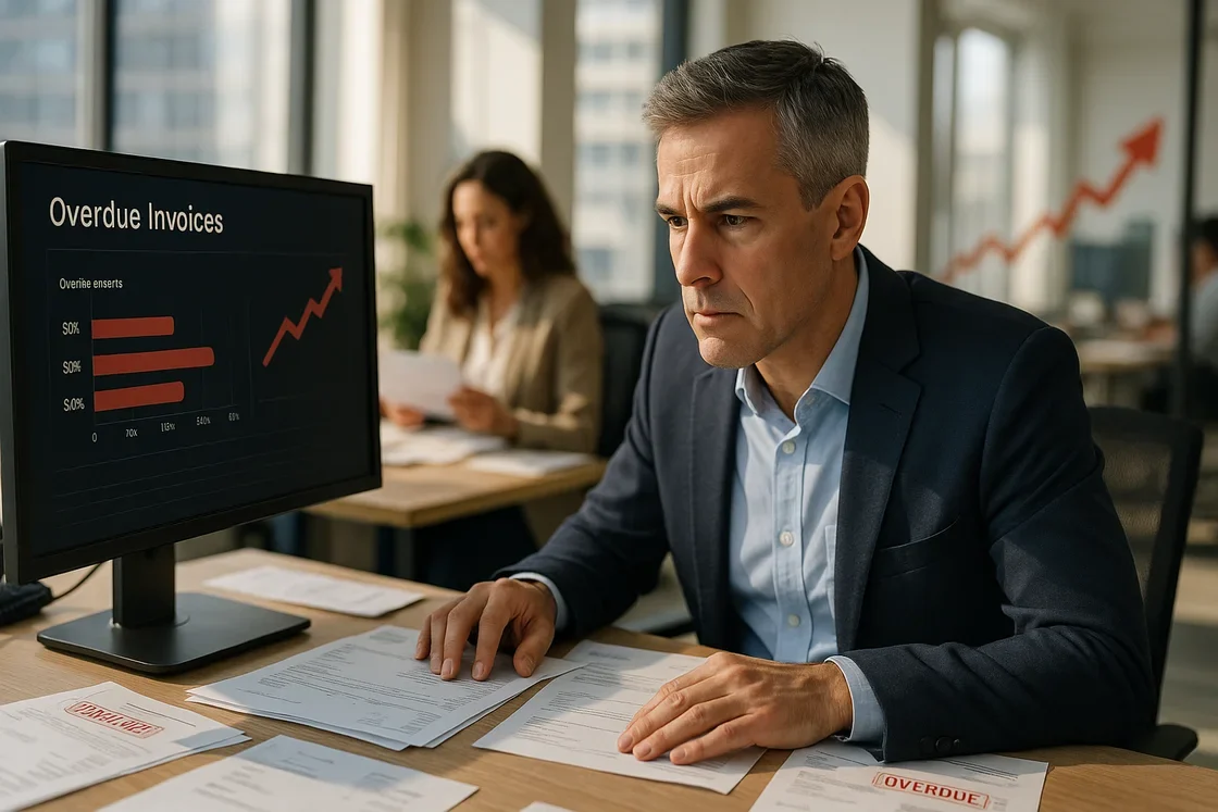 Ein Mann im Geschäftsanzug prüft Dokumente an einem Schreibtisch mit einem Computerbildschirm, der eine Tabelle mit überfälligen Rechnungen anzeigt, die von Mahnwesen Software erstellt wurde. Eine Frau arbeitet im Hintergrund dieser modernen Büroumgebung eines Unternehmens.