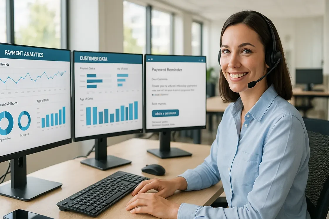 Smart Dunning - Eine Frau mit einem Headset sitzt an einem Schreibtisch in einem Büro und lächelt in die Kamera. Sie verwendet einen Computer mit drei Monitoren, auf denen Grafiken und Diagramme angezeigt werden, darunter auch Zahlungsanalysen und ein automatisch gespeicherter Entwurf.