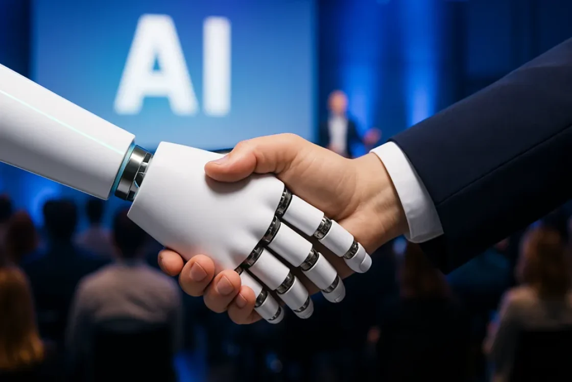 Eine menschliche Hand schüttelt einer Roboterhand vor einem verschwommenen Publikum und einem großen "Künstliche Intelligenz"-Schild in einem blau beleuchteten Konferenzraum die Hand und hebt damit die Innovation bei Tech-Events hervor.