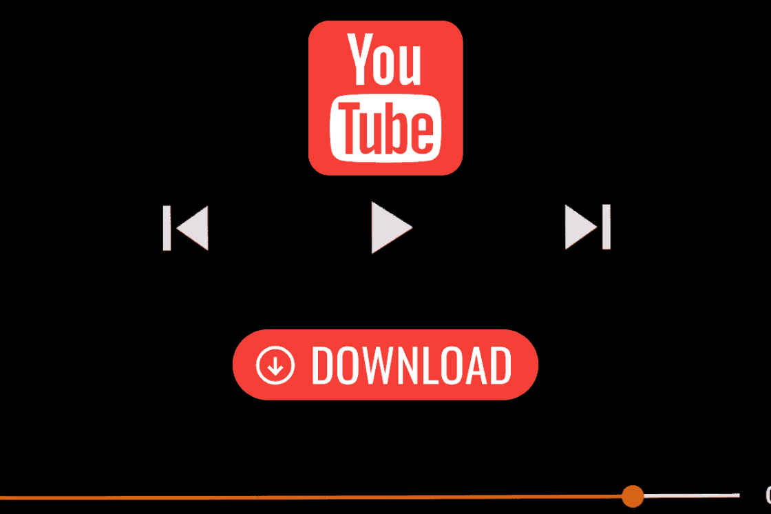 Eine Grafik mit dem YouTube Downloader-Logo, Schaltflächen für die Mediensteuerung zum Zurückspulen, Abspielen und Vorspulen, einer auffälligen roten Schaltfläche "Herunterladen" mit einem Download-Symbol und einem teilweisen Fortschrittsbalken am unteren Rand.